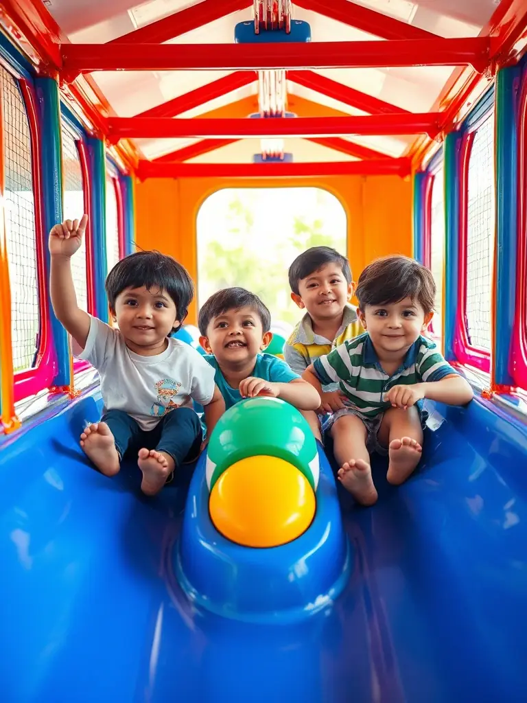Imagen de niños jugando en una estructura de juegos colorida con toboganes y túneles en el chiquipark Capitan Fiesta.